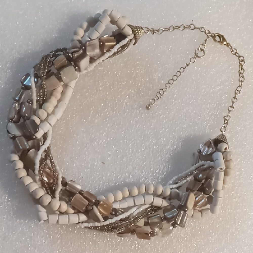 Mixed Media Shell, Wooden & Glass Beaded Necklace in White, Brown & Gold